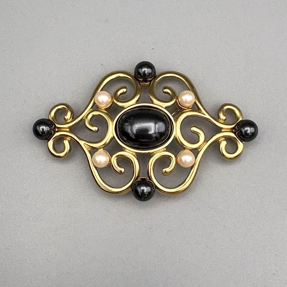 Vintage Monet Pin Brooch Gold Tone Simulated Pearls Scrolls Etruscan Revival